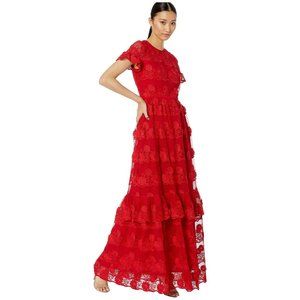 ML Monique Lhuillie Red Flame Short Sleeve Tiered Floral Lace Maxi Dress Size 8